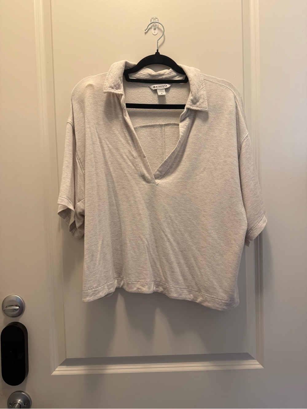 Athleta Cream Short-Sleeve light weight sweatshirt Polo V-Neck